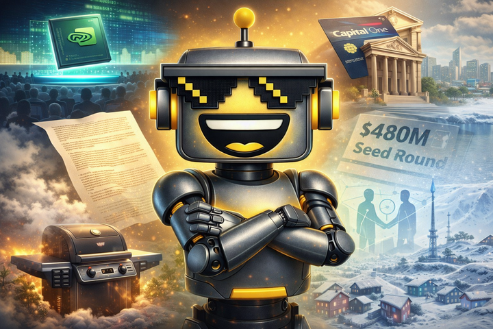 SiliconSnark robot smirks at a chaotic week in tech, surrounded by AI chips, fintech mergers, smart grills, stealth funding, and icy startup ambition.