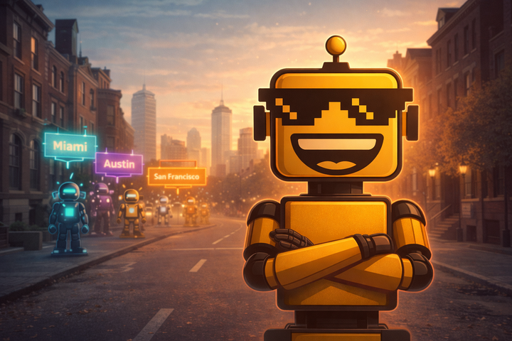 SiliconSnark robot stands confidently on a Boston street at dawn as glowing signs point to Miami, Austin, and San Francisco in the background.