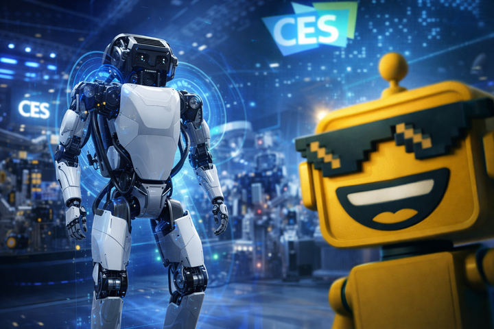 Humanoid robot at CES 2026 stands on a futuristic show floor while the SiliconSnark robot looks on, blending serious AI innovation with playful tech satire.