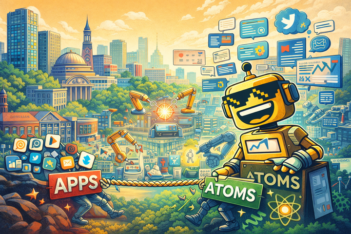 Illustration of Boston’s tech debate, showing the city skyline as “apps” and “atoms” tug against each other, while the SiliconSnark robot observes with a clipboard and a smirk.