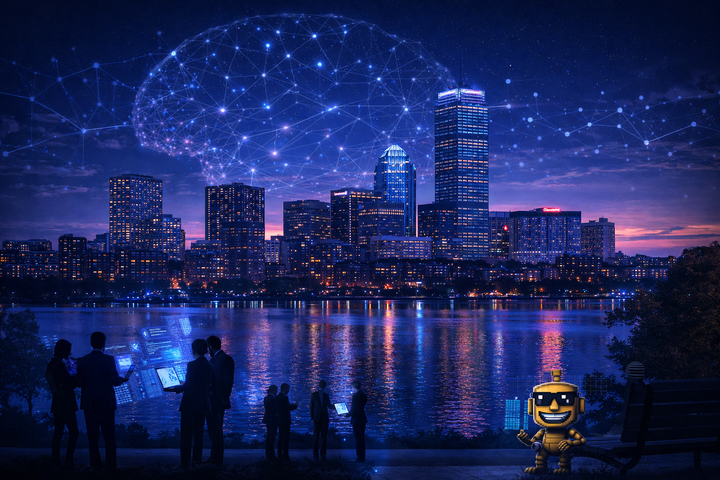 Boston skyline at dusk with glowing AI brain in the sky and a small SiliconSnark robot by a park bench.