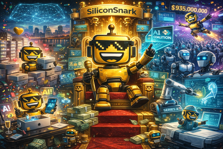 SiliconSnark robot rules a chaotic tech empire of Mac minis, AI holograms, billion-dollar robots, and futuristic surgery scenes.