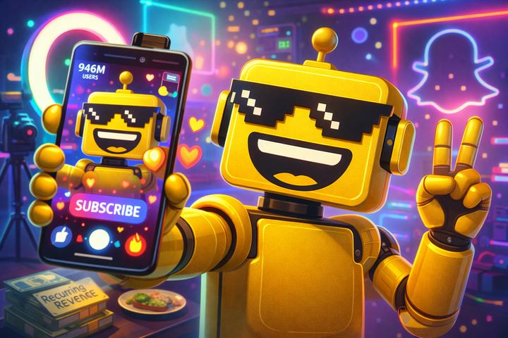 SiliconSnark robot posing with pixelated sunglasses while recording a flashy Snapchat-style selfie in a neon influencer studio.