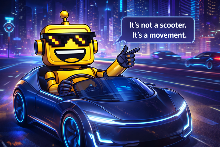 SiliconSnark’s yellow robot mascot drives a sleek futuristic electric vehicle through a neon-lit city at night, declaring, “It’s not a scooter. It’s a movement.”