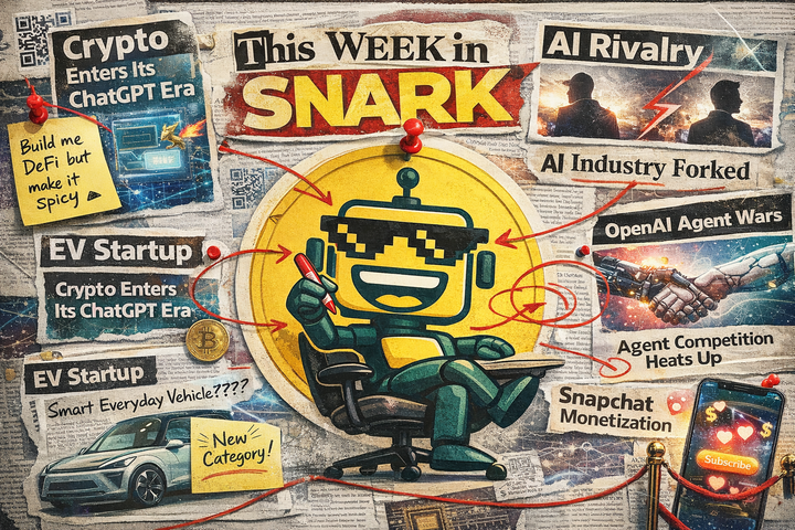 Magazine-style “This Week in Snark” collage with the SiliconSnark robot in a yellow badge circling chaotic AI, crypto, EV, and agent-war headlines with red marker.
