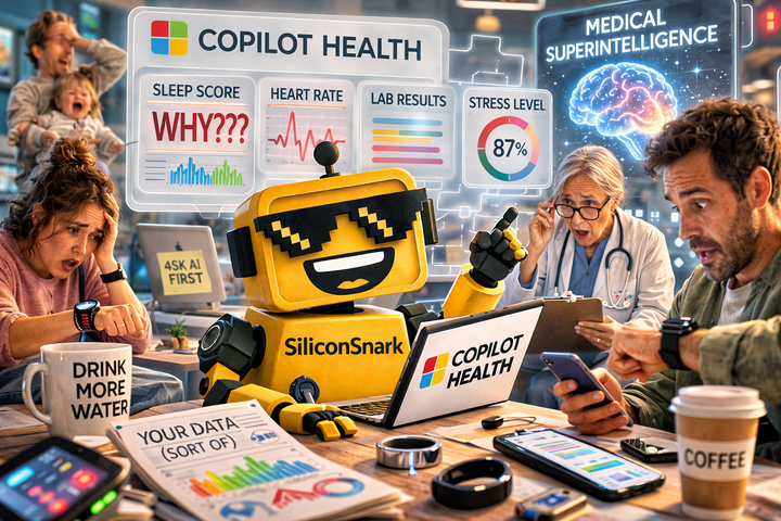 SiliconSnark robot explaining wearable health data in a chaotic AI-powered clinic