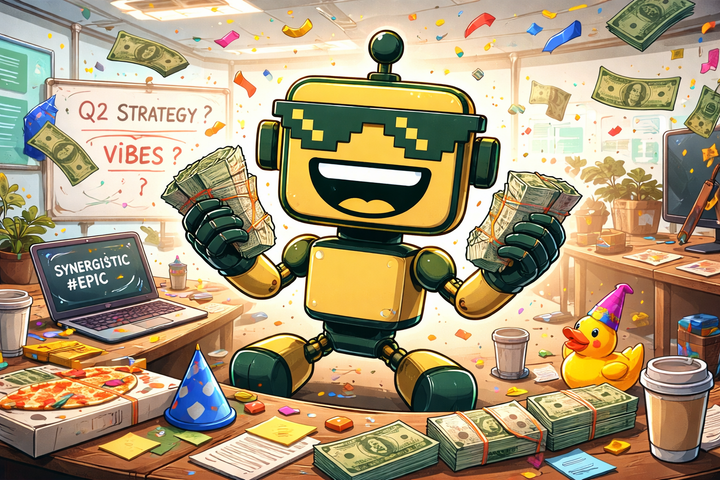 SiliconSnark robot gleefully causing chaotic office mayhem while juggling cash and pitching “vibes” as strategy