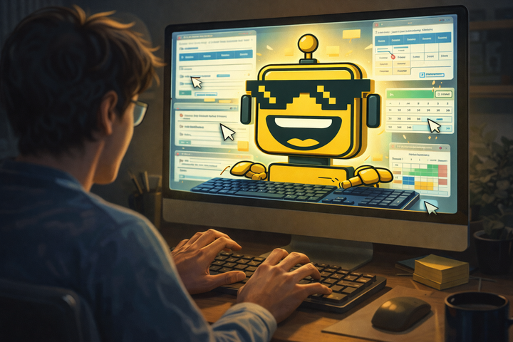 A confused person watches as a grinning SiliconSnark robot takes over their computer and runs everything on screen.