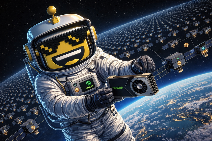 The SiliconSnark robot floating in orbit, installing a GPU into a satellite while surrounded by thousands of identical data center satellites and a small blinking Bitcoin logo.