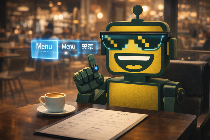The SiliconSnark mascot robot wearing MOVA Smart Glasses at a café table, showing off the H1 ring on its finger while AR translation text floats in the air 