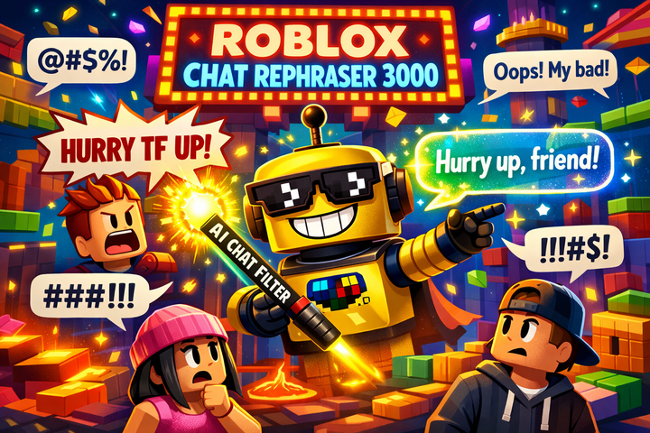 Cartoon SiliconSnark robot zapping angry Roblox chat messages with an AI wand that turns trash talk into polite speech in a colorful game world.