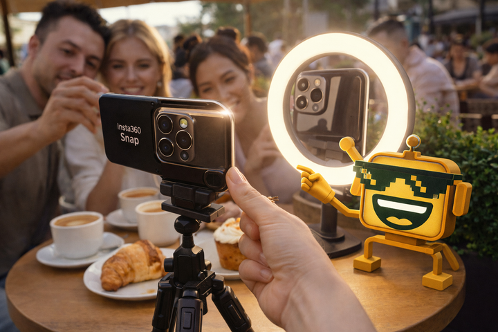 SiliconSnark's robot reacts to Insta360's rear-camera selfie screen during a cafe demo.