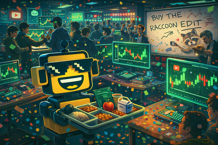 SiliconSnark's robot in a school cafeteria turned trading floor, watching students trade stakes in viral videos.