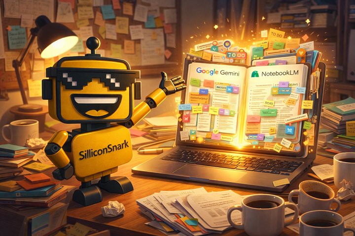 SiliconSnark’s robot presents Google’s synced Gemini and NotebookLM notebook in a cluttered home office.