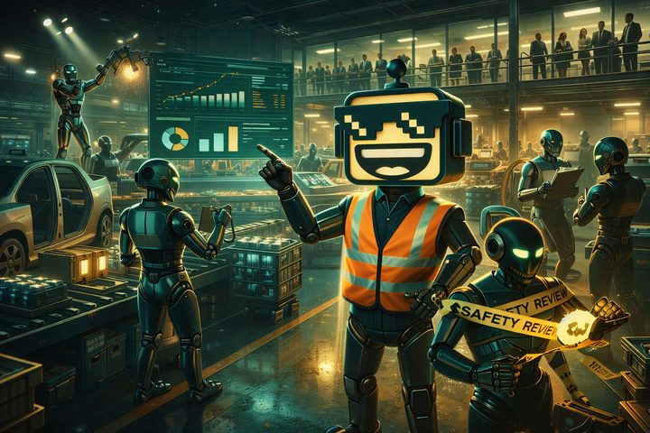 SiliconSnark robot in an auto factory surrounded by humanoid robots, assembly lines, dashboards, and executives.