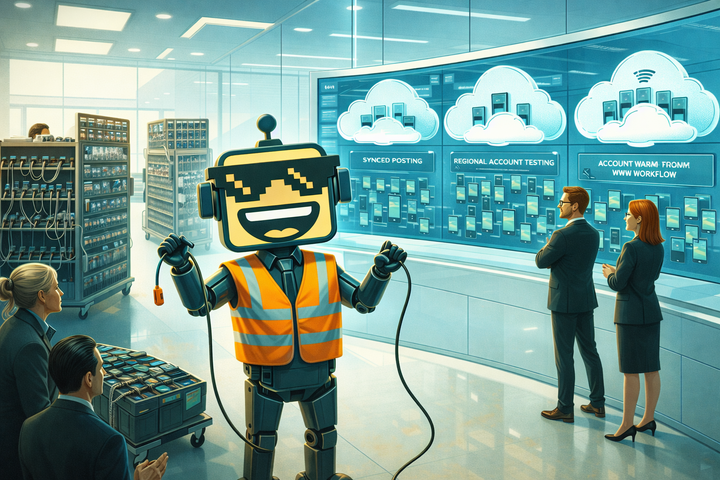 SiliconSnark’s robot stands in an enterprise control room as a chaotic phone farm is replaced by cloud-phone dashboards.