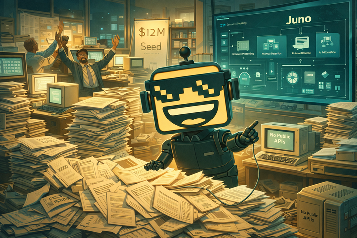 SiliconSnark's robot in a cluttered tax office reacting to Juno's AI tax-prep software and new seed funding.