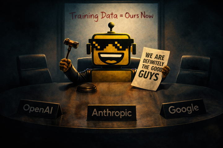 The SiliconSnark robot presides over an alliance meeting between OpenAI, Anthropic, and Google, holding a gavel at a dramatic conference table.