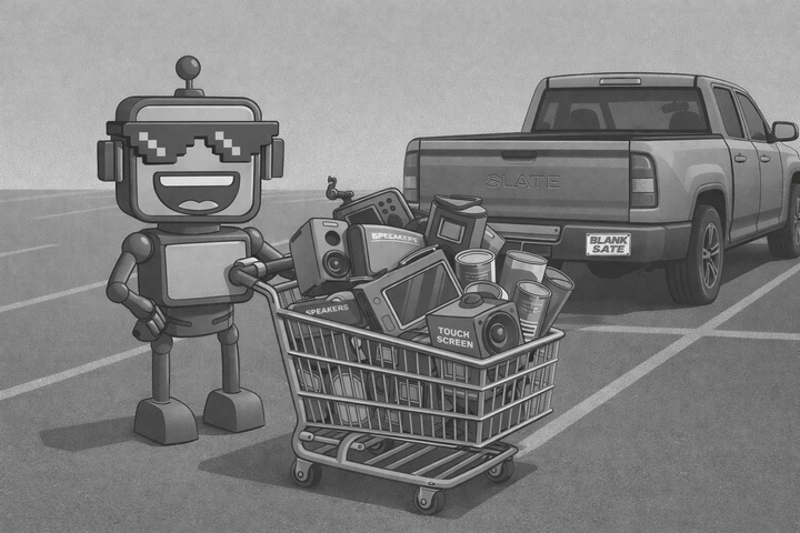 The SiliconSnark robot stands next to a plain gray Slate Auto EV pickup truck, holding a shopping cart stuffed with accessories