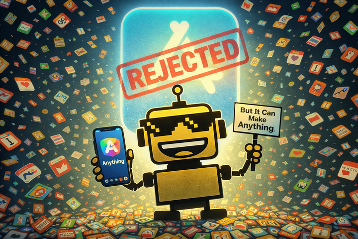 The SiliconSnark robot standing before a giant rejected App Store icon, holding a phone showing the Anything vibe-coding app while rejected app icons rain down around it.