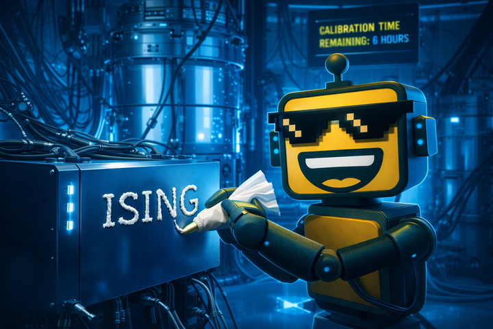 The SiliconSnark robot ices the word "ISING" onto a quantum computer in a cold blue lab while a screen shows calibration time remaining at 6 hours.