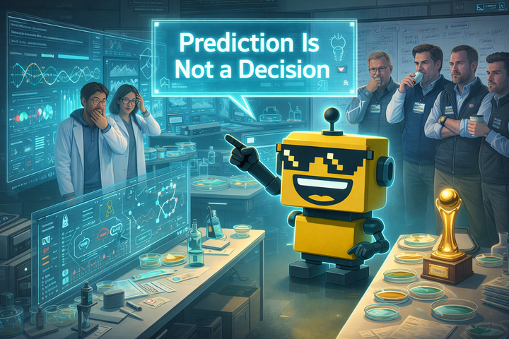 SiliconSnark robot grins inside a futuristic biotech lab as Helical’s virtual AI lab hovers over scientists and investors.