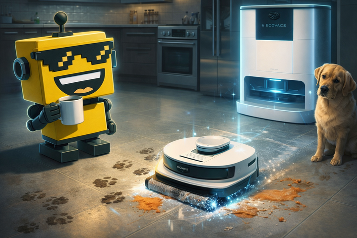SiliconSnark’s robot watches an ECOVACS X12 OmniCyclone scrub a messy kitchen floor beside its dock.
