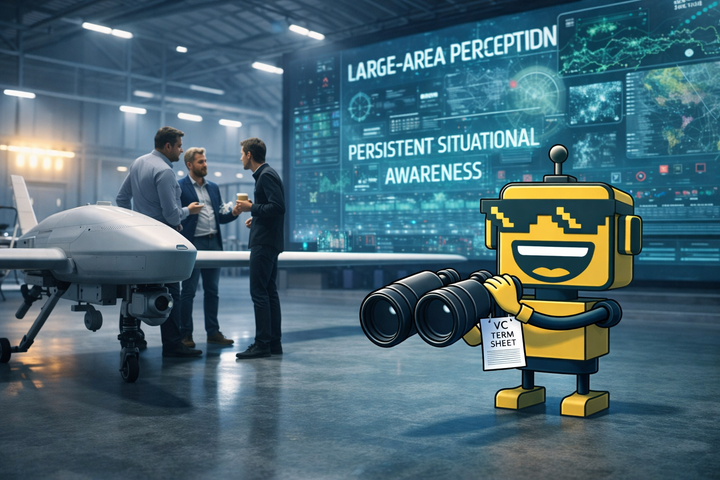 SiliconSnark's robot grins in a startup hangar beside a surveillance drone and a dramatic investor dashboard full of defense-tech buzzwords.