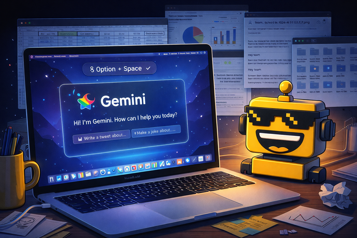 SiliconSnark’s robot watches Google’s Gemini Mac app pop up over a cluttered laptop workspace.