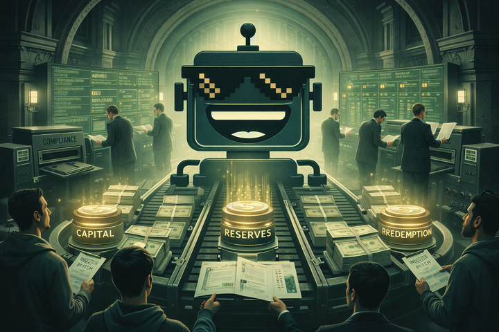 SiliconSnark robot in a bank-vault stablecoin factory turning Treasury bills into regulated digital tokens.