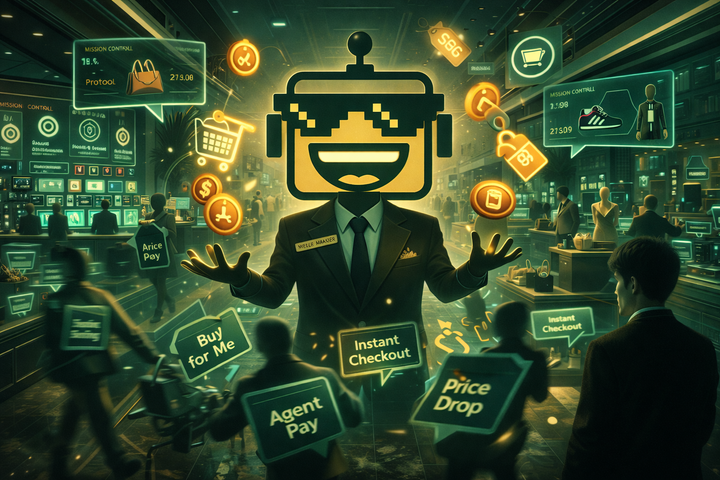 SiliconSnark robot runs an AI-powered department store where shopping agents and checkout tokens fill the air.