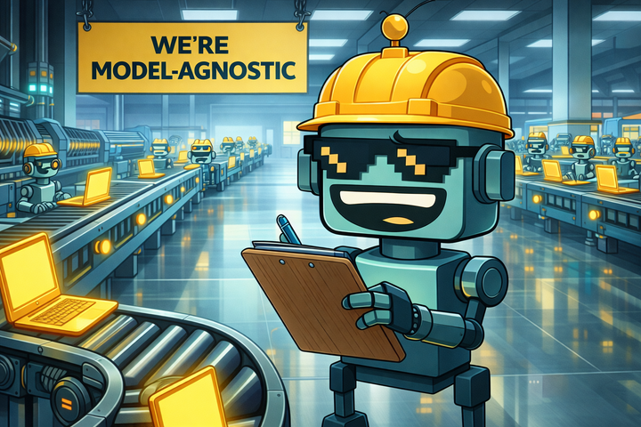 The SiliconSnark robot stands on a factory floor surrounded by conveyor belts producing glowing laptops.