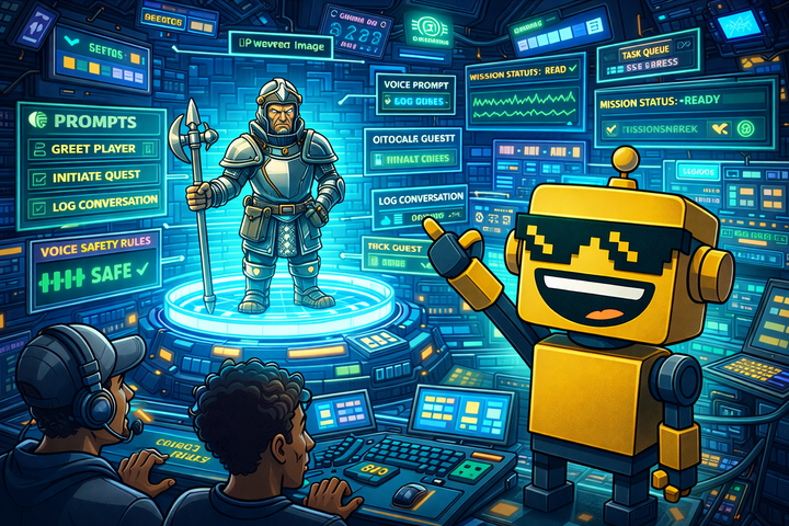 SiliconSnark’s robot watches an AI-powered Fortnite NPC in a creator studio crowded with prompts, dashboards, and safety overlays.