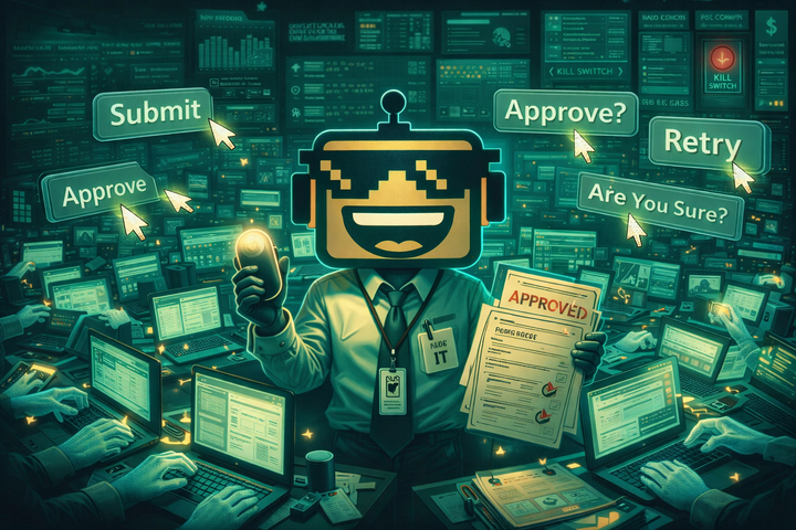 SiliconSnark robot supervises AI agents operating laptops in a chaotic futuristic office.