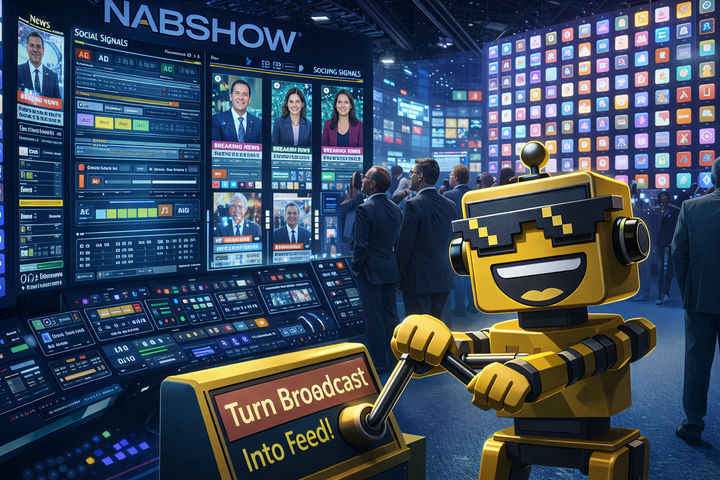 SiliconSnark robot watches an AI broadcast platform turn TV content into social-ready clips at a trade show.