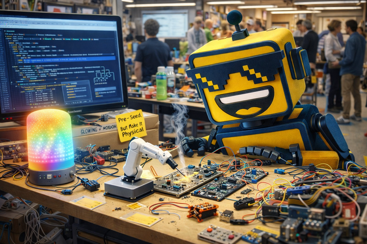 SiliconSnark's robot grins over a cluttered workshop bench as Schematik-style AI tools help build hardware prototypes.