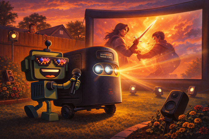 The SiliconSnark robot wheels the Soundcore Nebula X1 Pro across a backyard while holding a karaoke mic