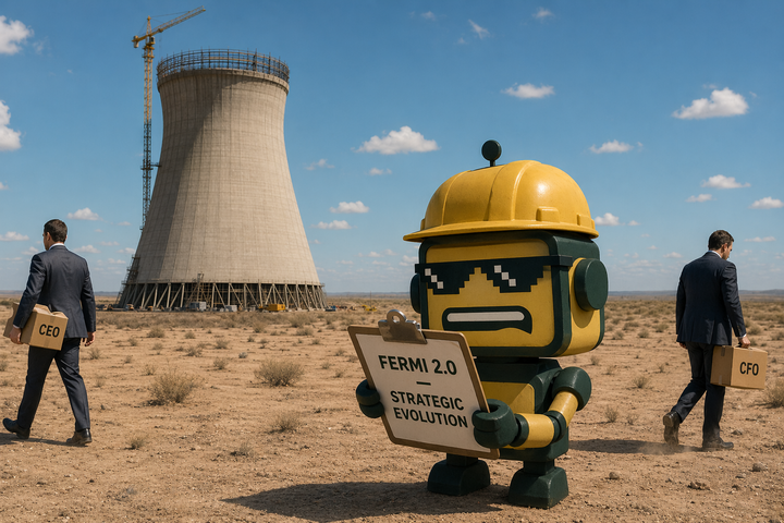 The SiliconSnark robot in a hard hat examines a "Fermi 2.0" clipboard in a Texas desert as two executives walk away from an unfinished nuclear cooling tower carrying their belongings.