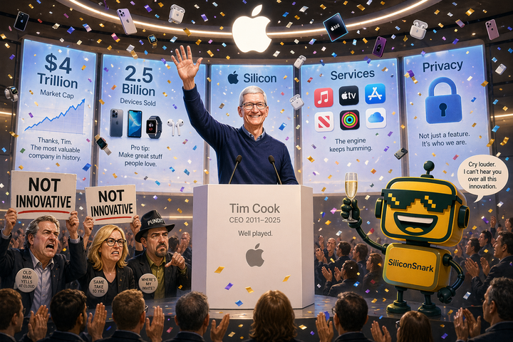 Tim Cook gets a funny celebratory sendoff from Apple’s CEO role while critics holding “not innovative” signs are drowned out by product milestones and applause.