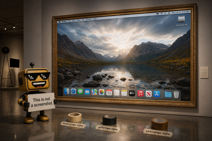 The SiliconSnark robot standing in an art museum holding a placard reading “This is not a screenshot."