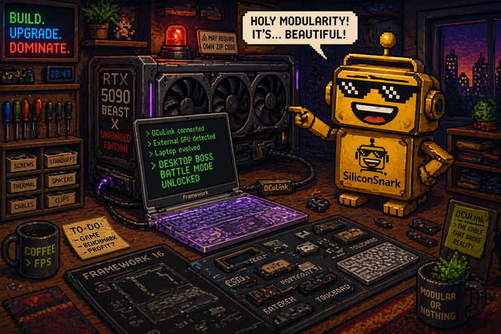 SiliconSnark’s robot reacts to a modular Framework Laptop 16 connected to a giant external desktop GPU at a gaming desk.