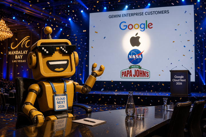The SiliconSnark robot sits at a Las Vegas conference table staring at a stage screen showing Google, Apple, NASA, and Papa Johns