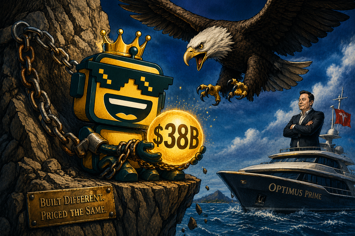 The SiliconSnark robot chained to a mountain like Prometheus, clutching a glowing $38B orb while a giant eagle circles ominously overhead.