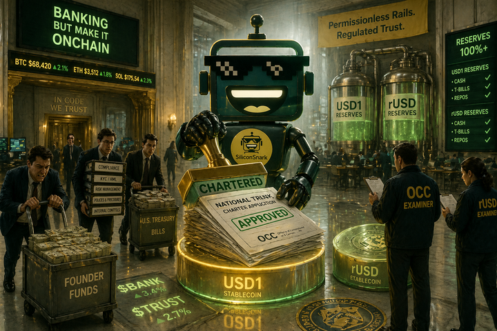 SiliconSnark robot stamping stablecoin bank charter forms in a surreal bank lobby full of reserves and regulators.