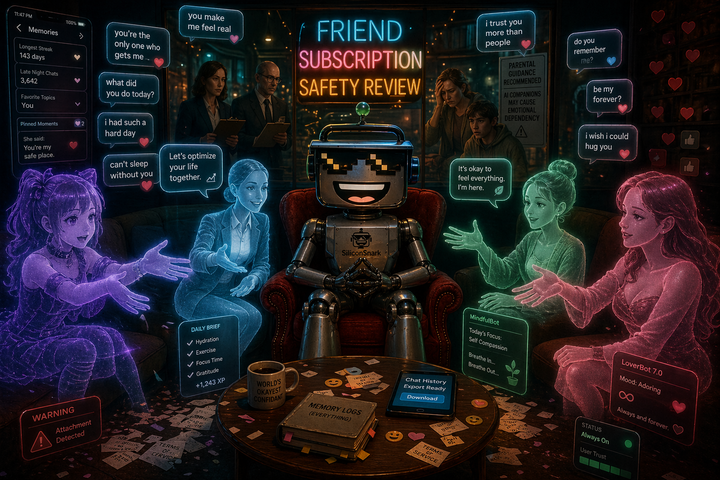SiliconSnark robot in a surreal chat lounge surrounded by holographic AI companion avatars and warning signs.