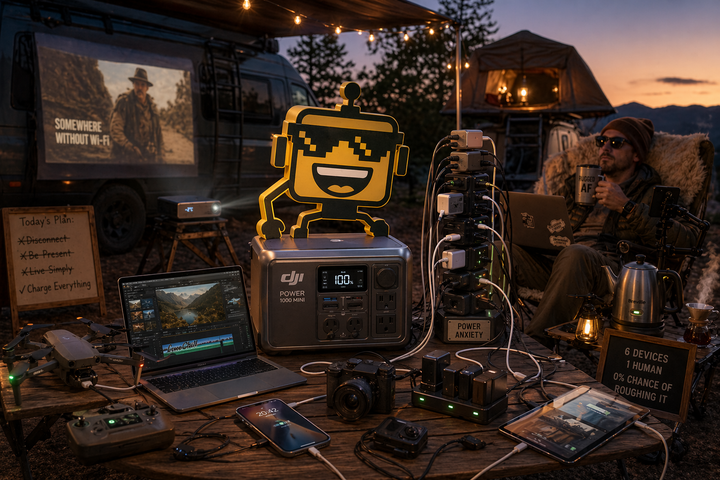 SiliconSnark’s robot eyes DJI’s compact power station at a gadget-heavy campsite while devices charge around it.