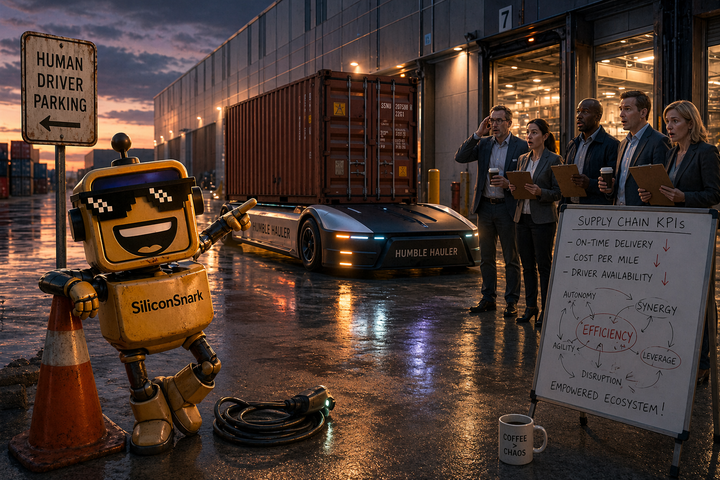 SiliconSnark’s robot reacts to a cabless electric freight truck arriving at a glowing warehouse dock.