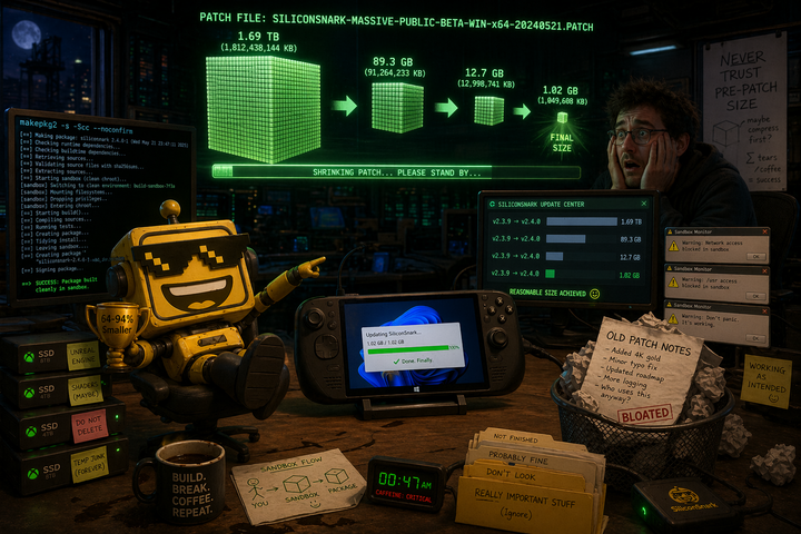 SiliconSnark's robot celebrates Microsoft's new GDK update in a cluttered game-dev lab as a giant patch download shrinks.