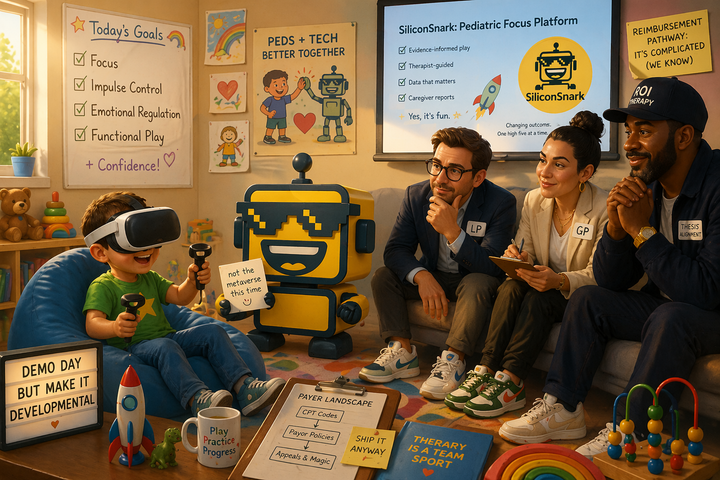 SiliconSnark’s robot watches a pediatric VR therapy demo as investors hover nearby in a bright clinic-like room.