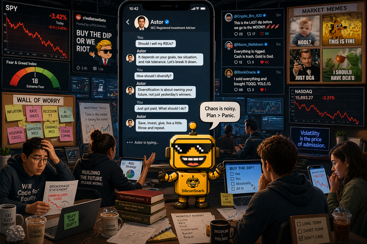 SiliconSnark's robot watches an AI investment advisor bring calm to chaotic retail investing screens.